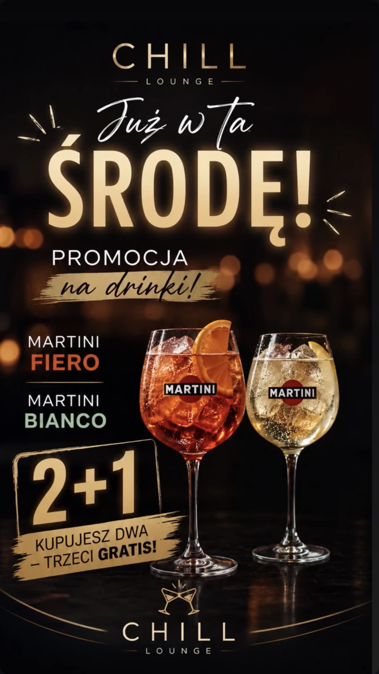 Promocja na drinki w środy: Martini Fiero i Martini Bianco w ofercie 2+1 - kupujesz dwa, trzecie dostajesz gratis.